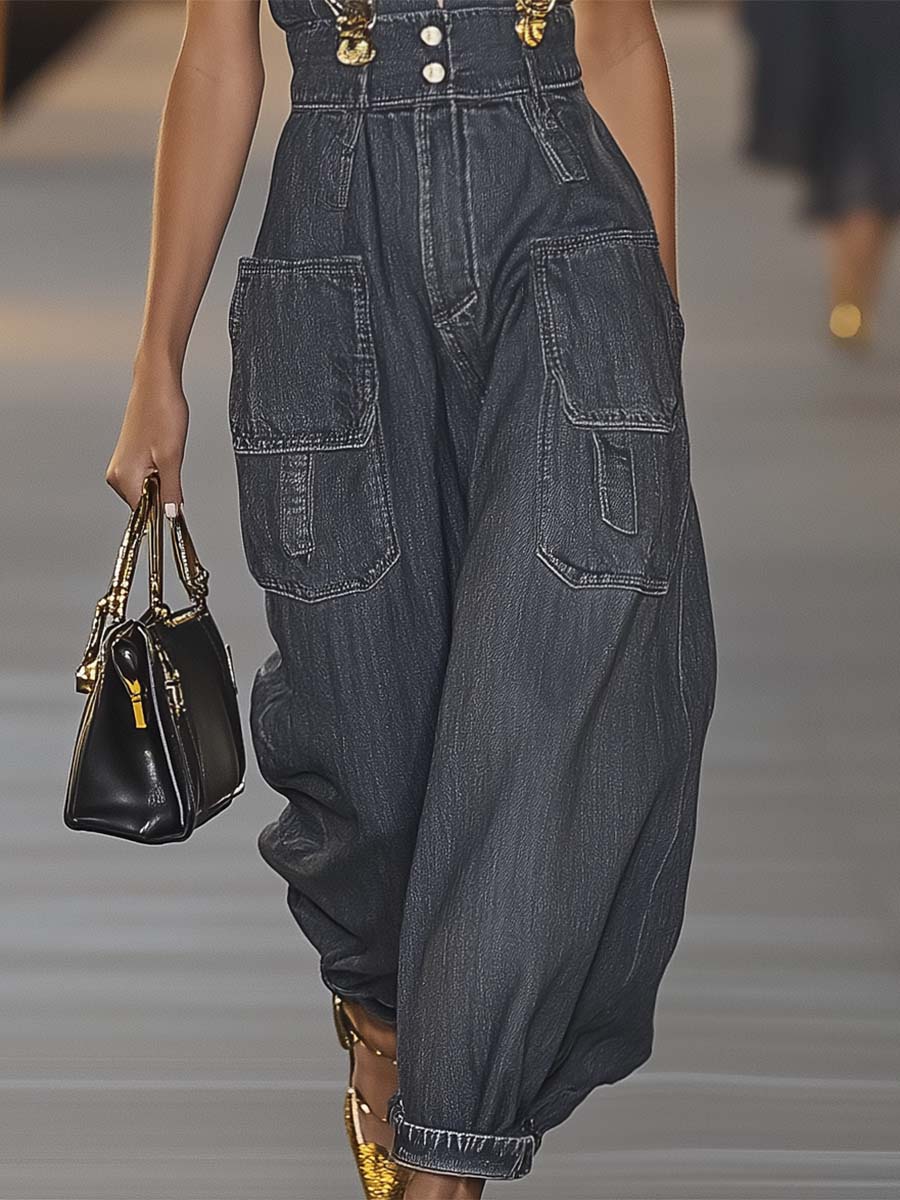 Loose V-neck suspender denim jumpsuit Chic for Women | Mireya
