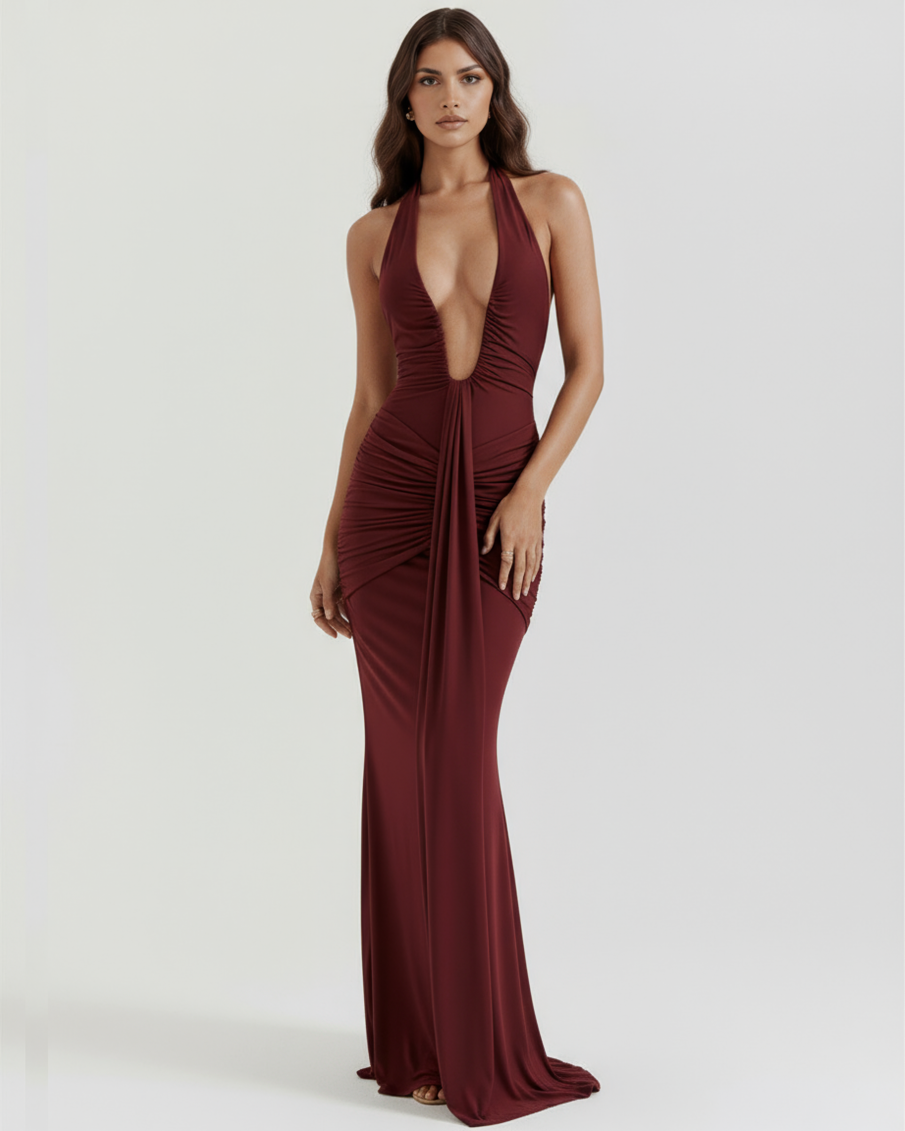 Plunging halter maxi dress for women | Ariel