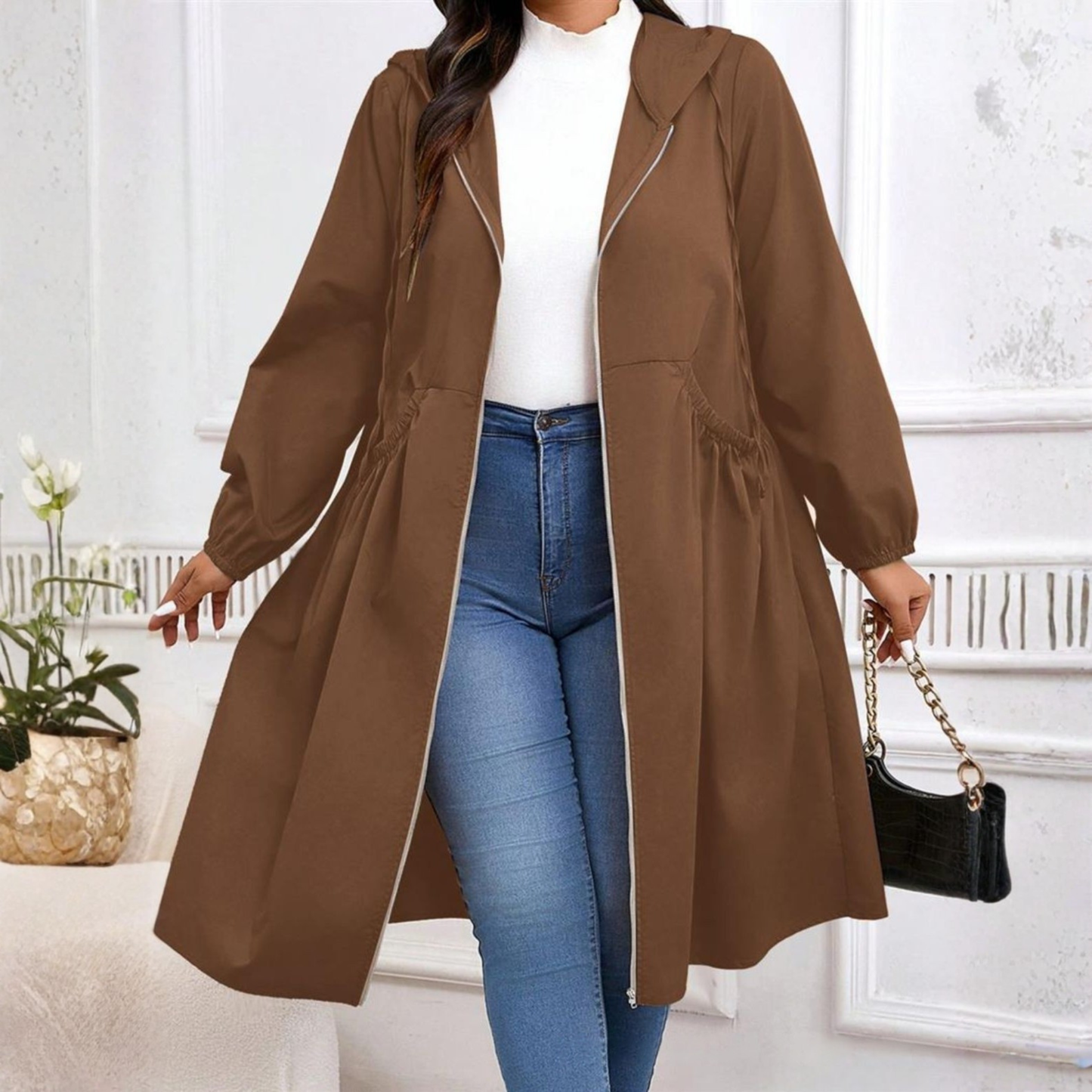 Plus size drawstring zip-up long sleeve hooded coat for women | Avril