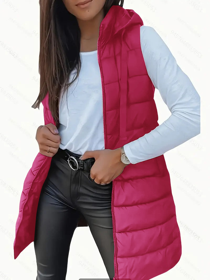 Sleeveless hooded long puffer vest for women | Rain