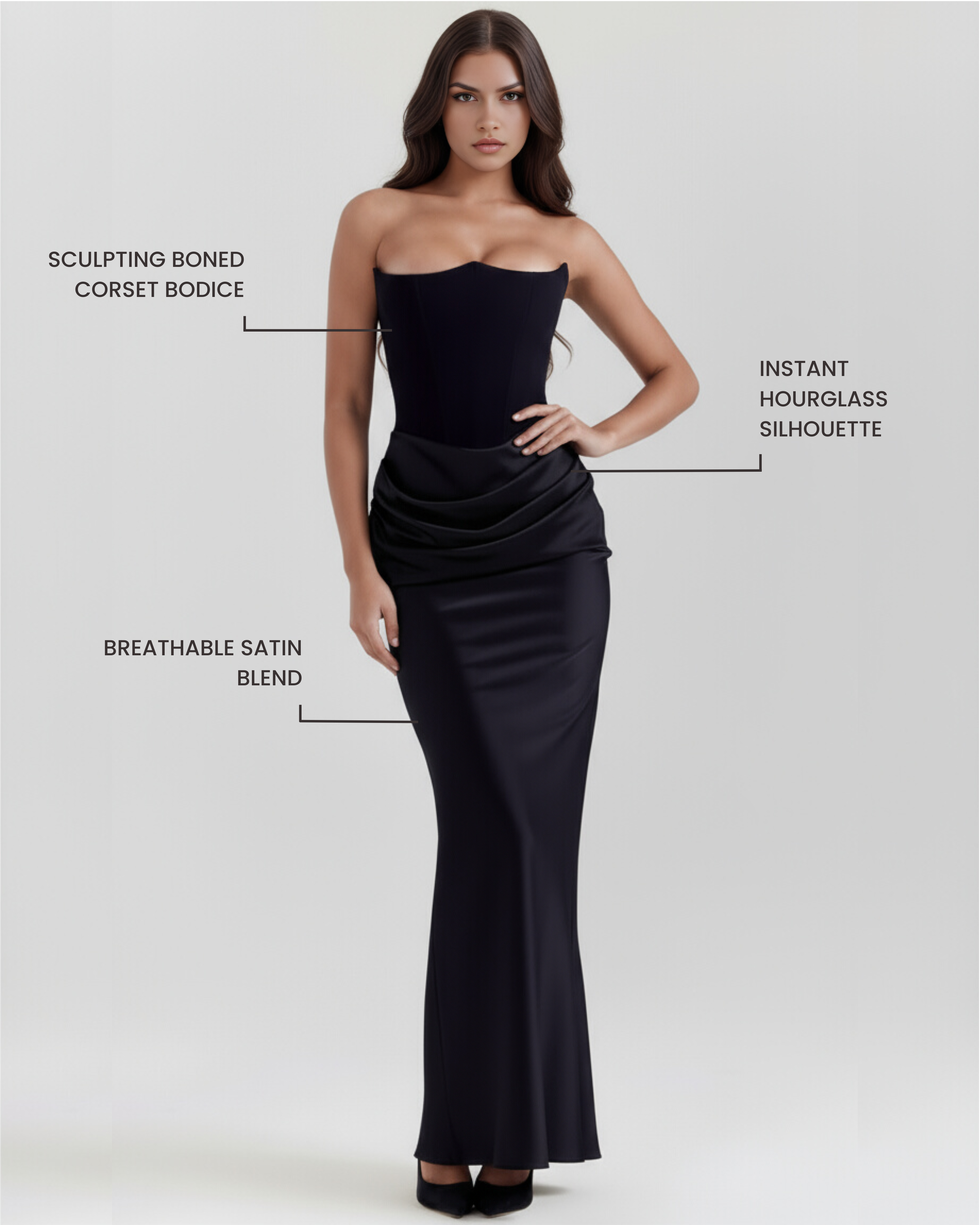 Sculpted corset strapless maxi dress for women | Rosalind