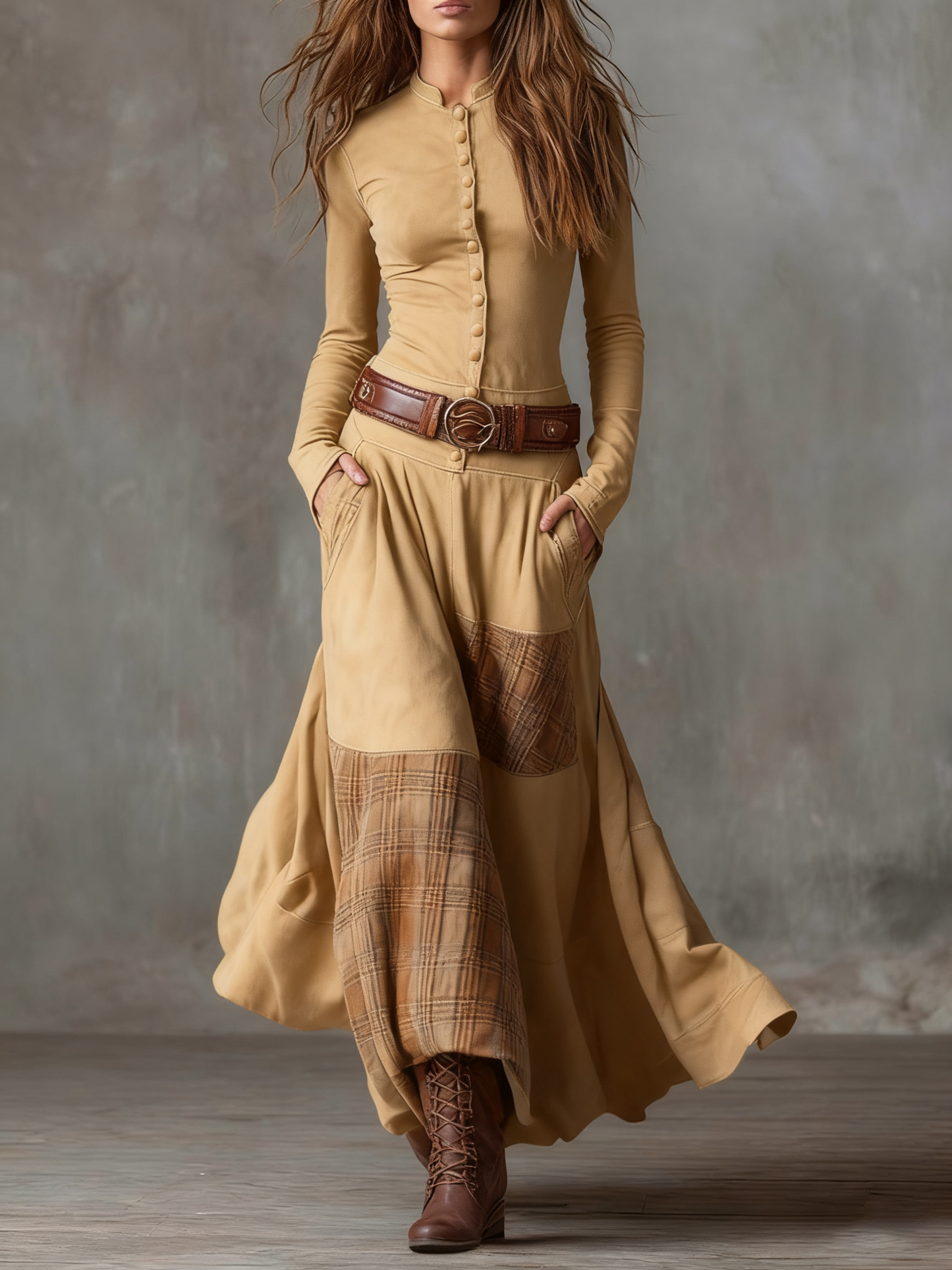 Vintage Patchwork Plaid Panel Maxi Dress for Women | Elowen