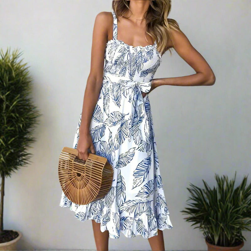 Backless spaghetti-strap leafy print midi dress for women | Marina Leaf -2