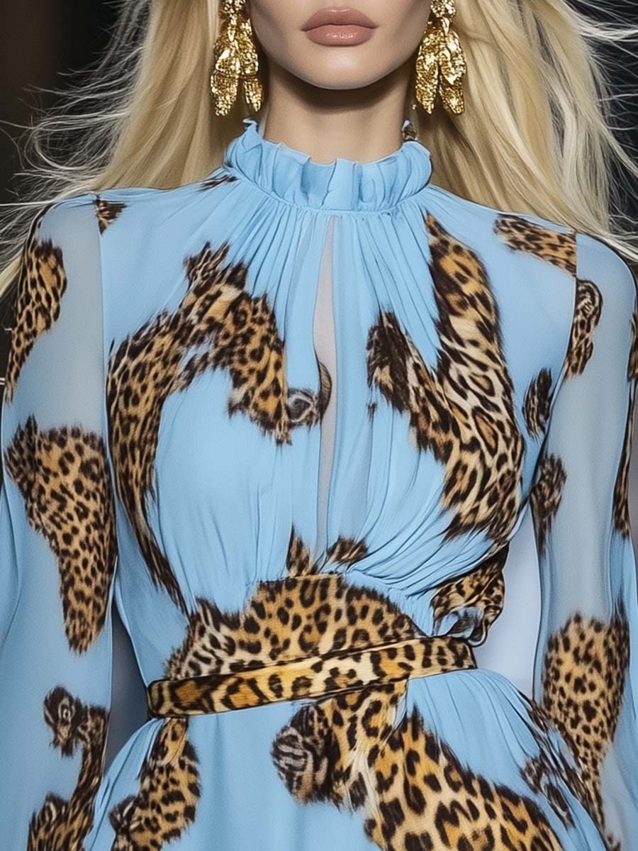Leopard print chiffon mini dress in sky blue Chic for Women | Kaelira
