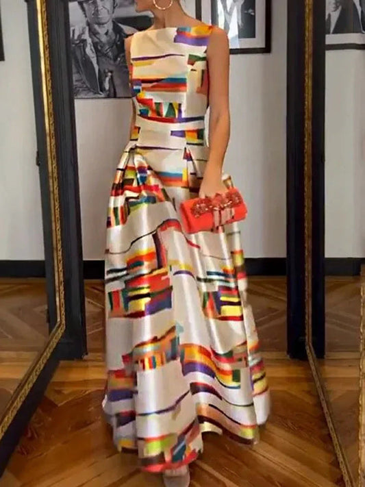 Sleeveless geometric print midi dress for women | Isabel