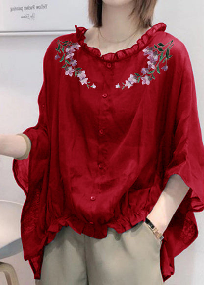 Art Navy Ruffle Trim Half Sleeve Blouse Chic for Women | Mireya