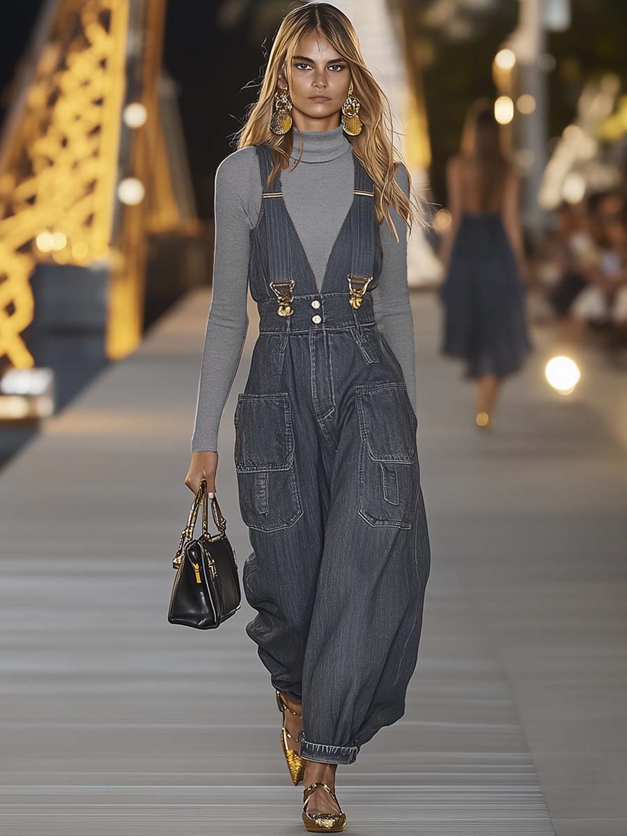 Loose V-neck suspender denim jumpsuit Chic for Women | Mireya
