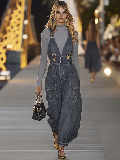 Loose V-neck suspender denim jumpsuit Chic for Women | Mireya