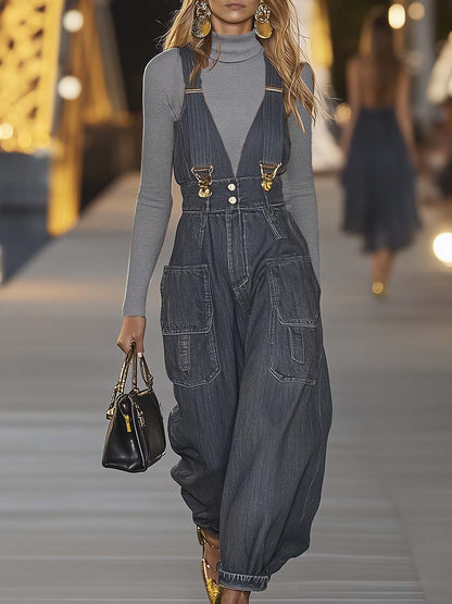 Loose V-neck suspender denim jumpsuit Chic for Women | Mireya