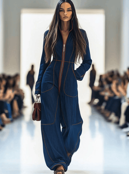 Retro wide-leg denim jumpsuit with contrast stitching Chic for Women | Rosmira