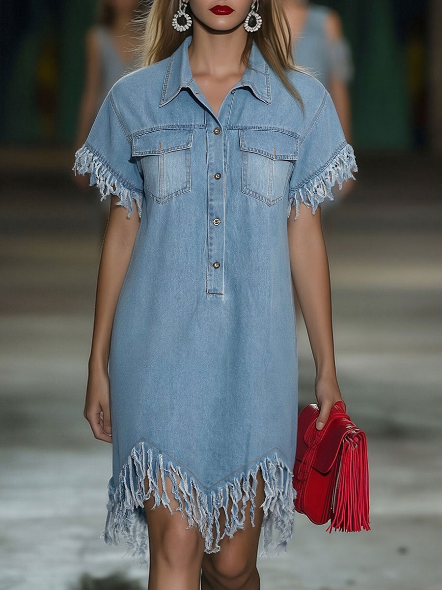 Vintage denim shirt mini dress with tassel detail Chic for Women | Solmara