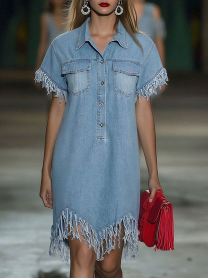 Vintage denim shirt mini dress with tassel detail Chic for Women | Solmara
