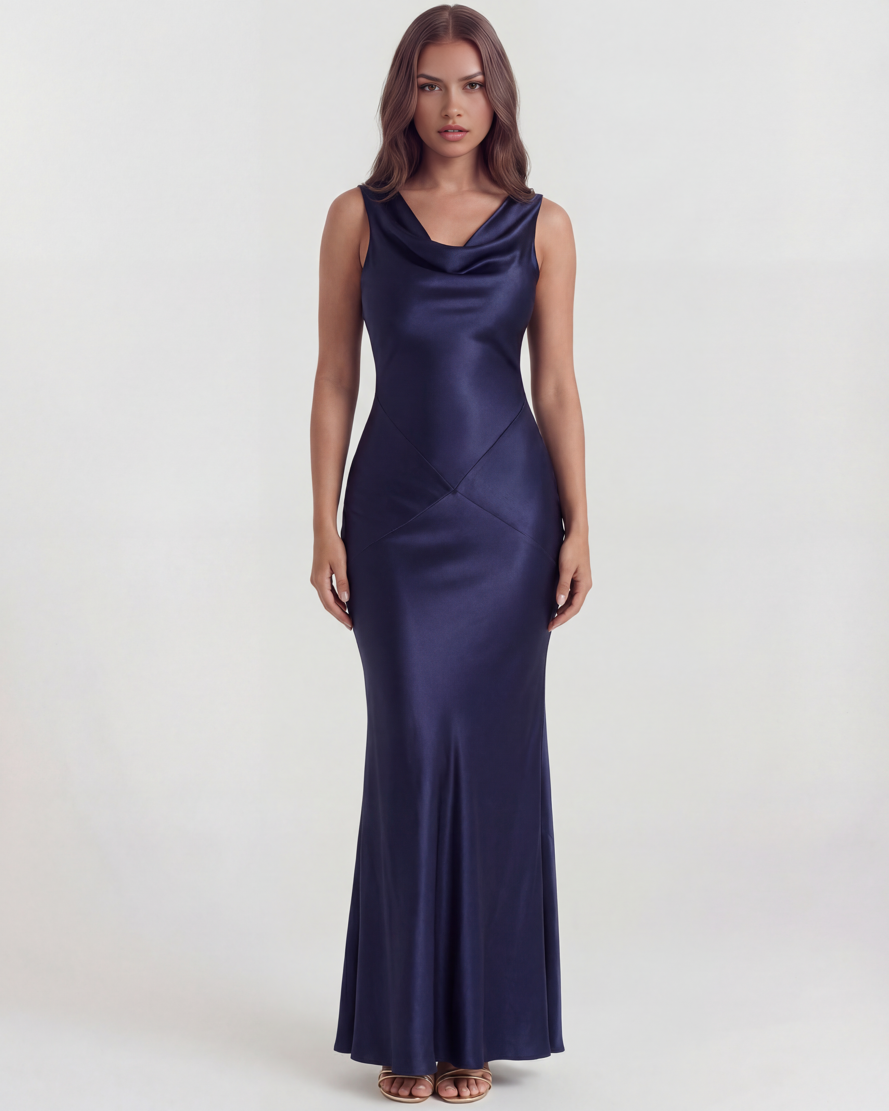 Satin cowl neck evening maxi dress for women | Sapphire