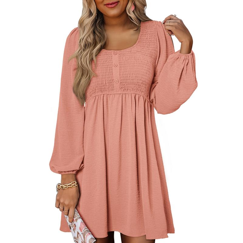 Casual smocked empire waist A-line dress with button-up detail for women | Elowen