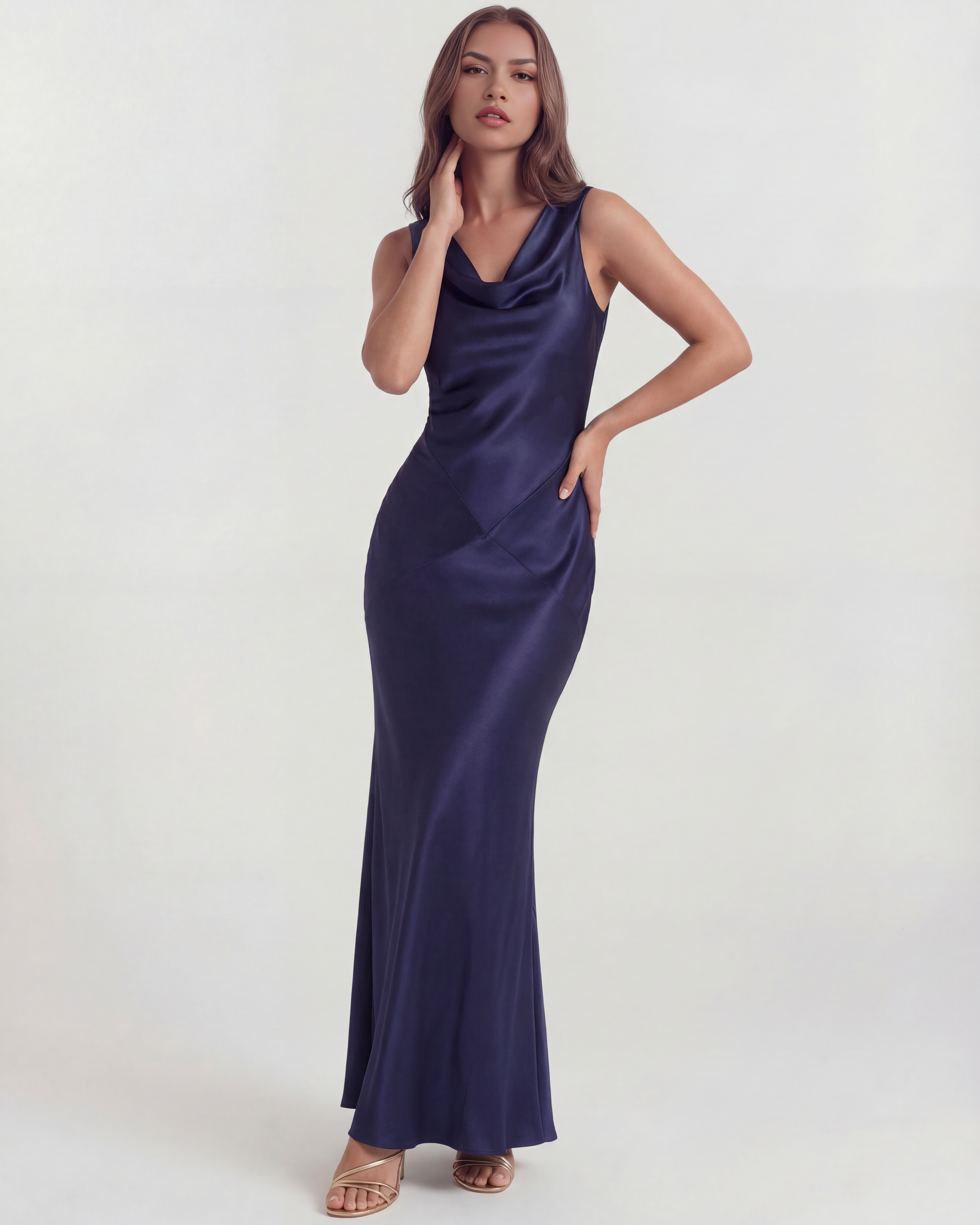 Satin cowl neck evening maxi dress for women | Sapphire