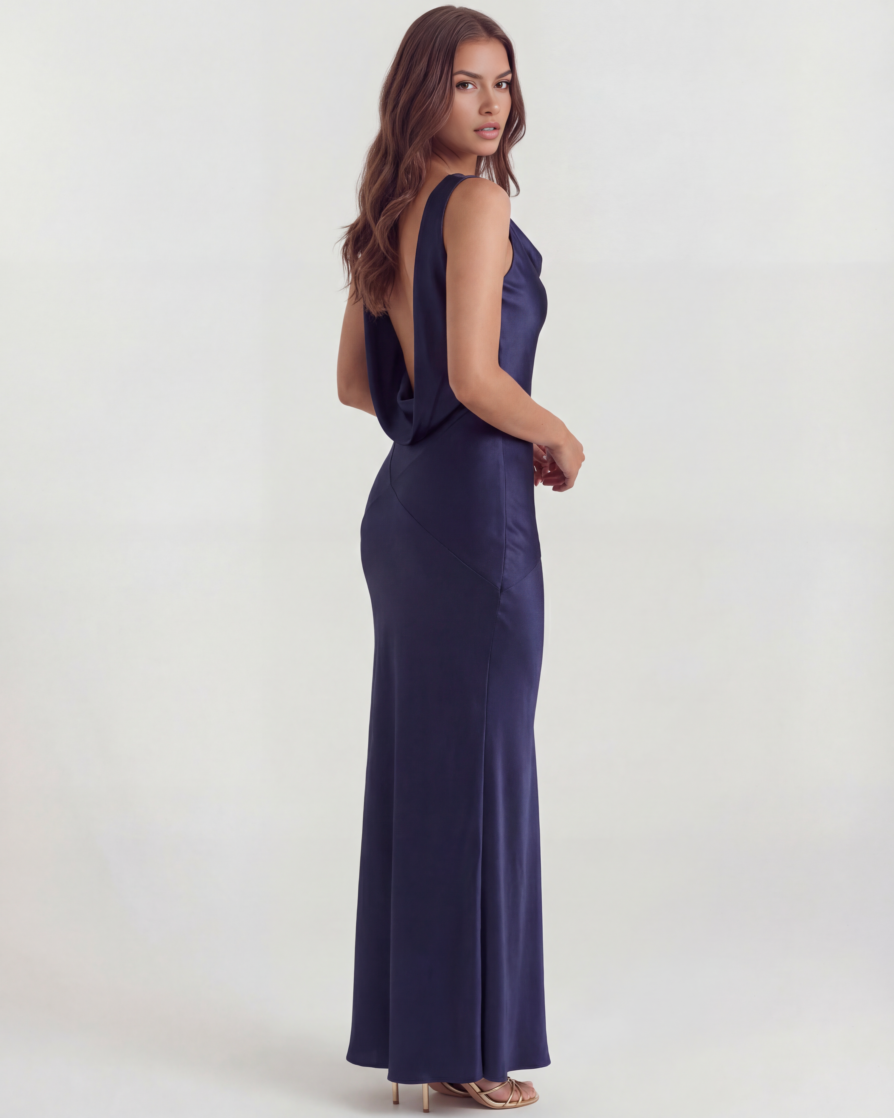 Satin cowl neck evening maxi dress for women | Sapphire