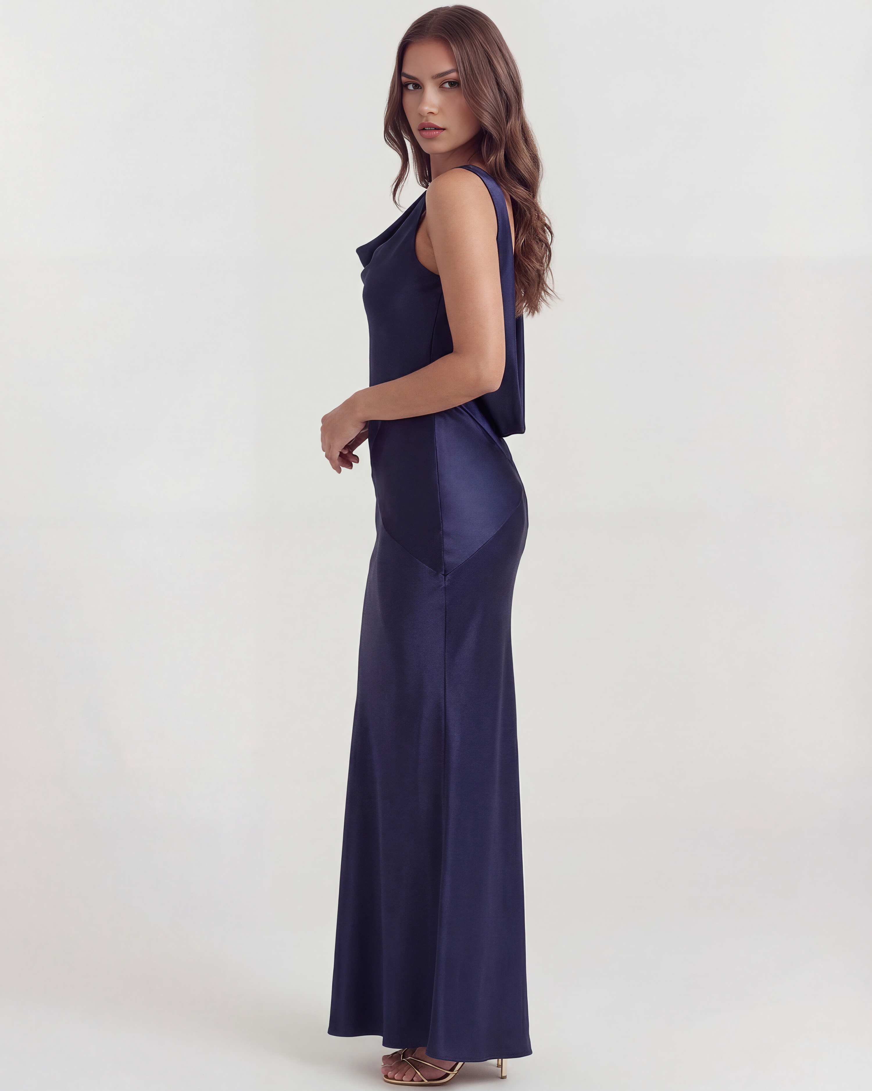 Satin cowl neck evening maxi dress for women | Sapphire