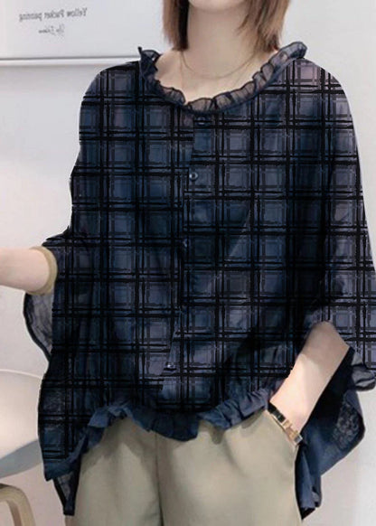 Art Navy Ruffle Trim Half Sleeve Blouse Chic for Women | Mireya
