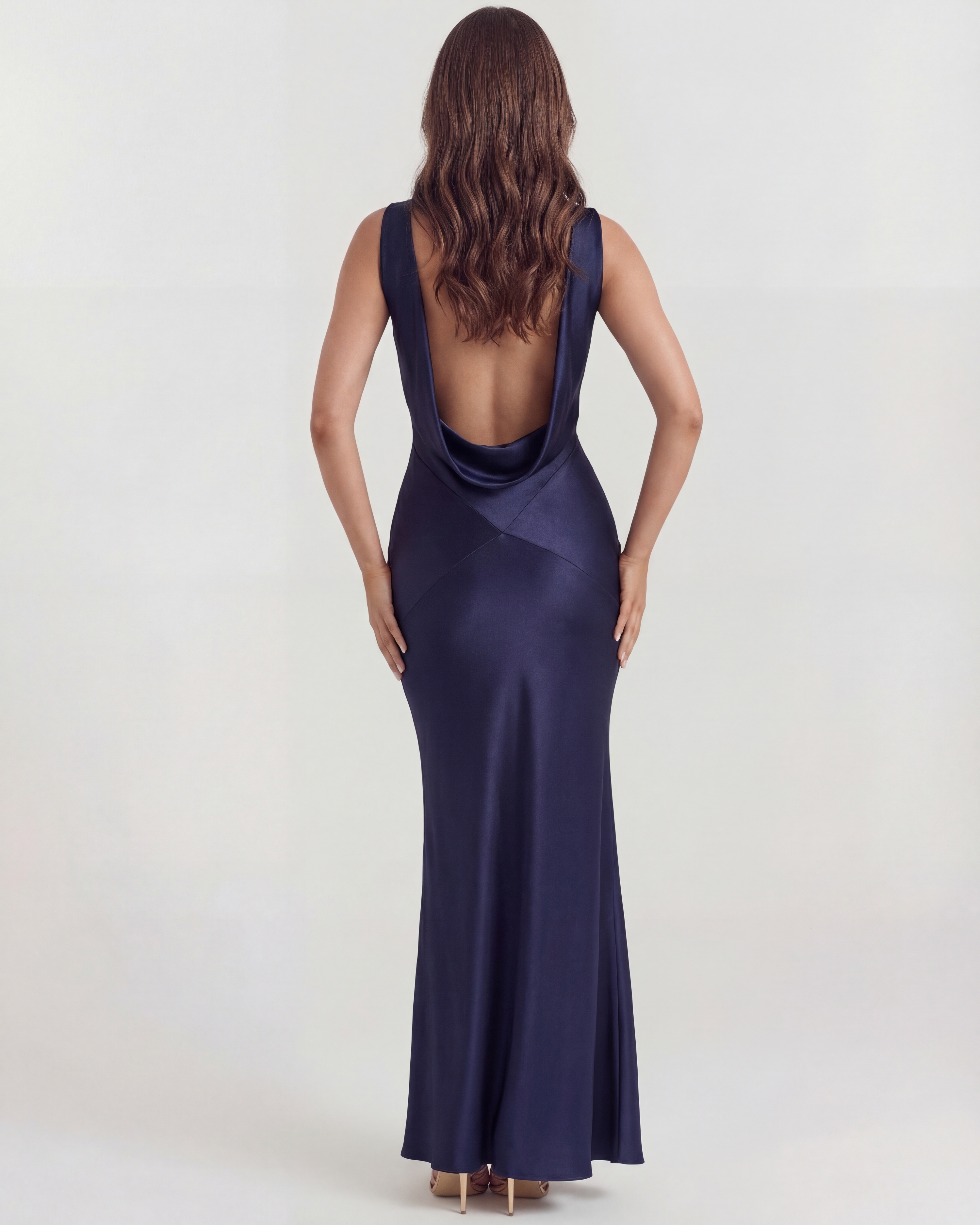 Satin cowl neck evening maxi dress for women | Sapphire