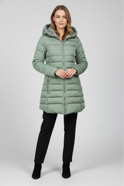 Long quilted puffer coat with high collar for women | Caurelle