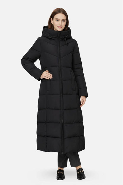 Long hooded puffer coat with streamlined silhouette for women | Caurelle