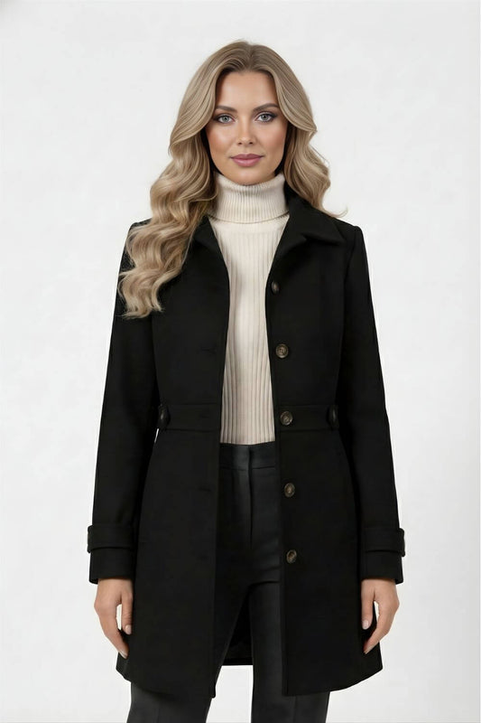 Elegant belted button-front winter coat for women | Caurelle