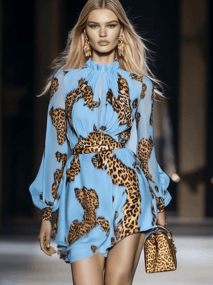 Leopard print chiffon mini dress in sky blue Chic for Women | Kaelira