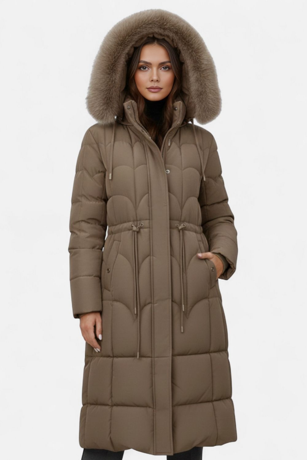 Long hooded puffer coat with drawstring waist for women | Caurelle