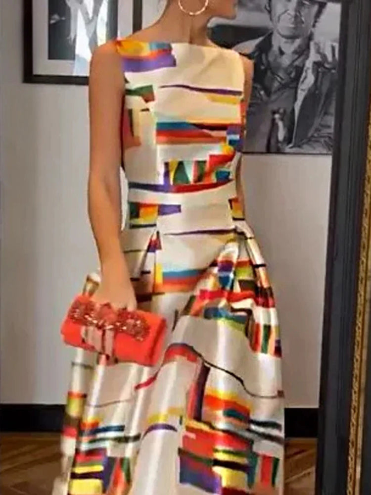 Sleeveless geometric print midi dress for women | Isabel