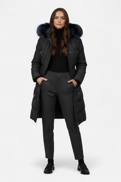 Long hooded puffer coat with drawstring waist for women | Caurelle