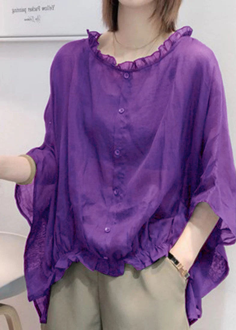 Art Navy Ruffle Trim Half Sleeve Blouse Chic for Women | Mireya