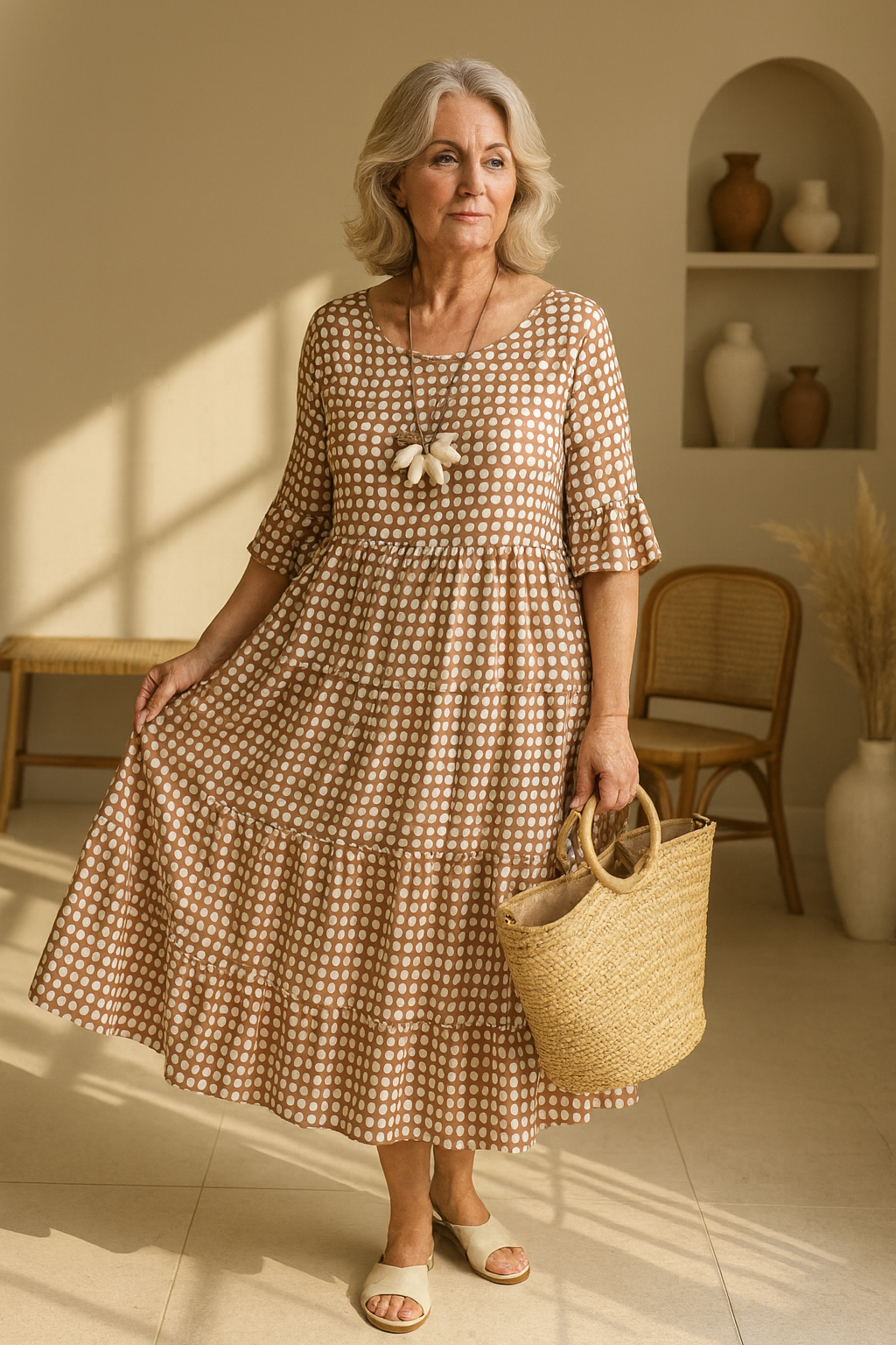 Elegant short-sleeve sable midi dress for women | Iris -1