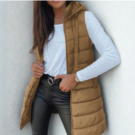 Sleeveless hooded long puffer vest for women | Rain