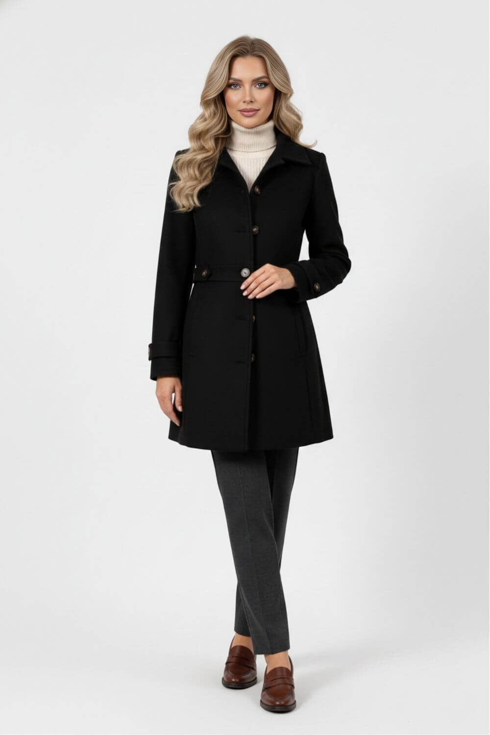 Elegant belted button-front winter coat for women | Caurelle