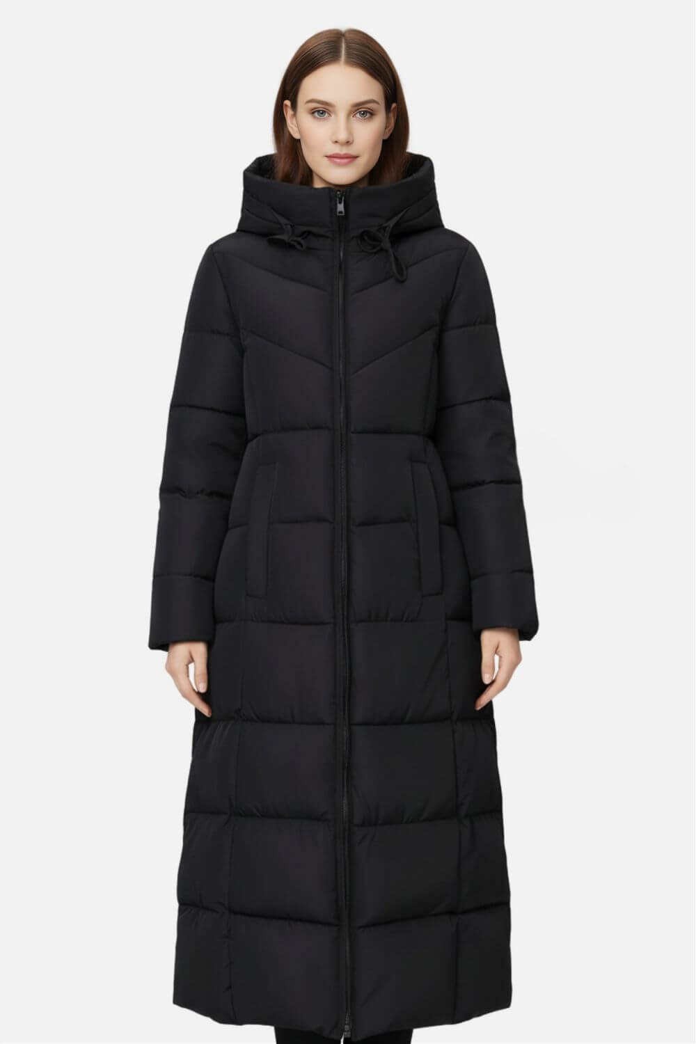 Long hooded puffer coat with streamlined silhouette for women | Caurelle