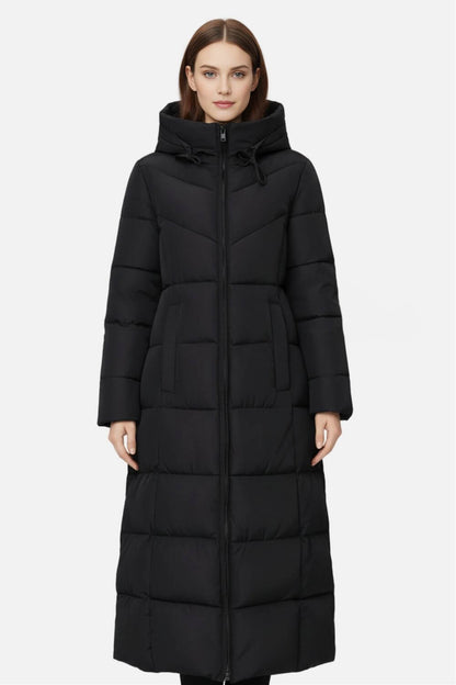 Long hooded puffer coat with streamlined silhouette for women | Caurelle