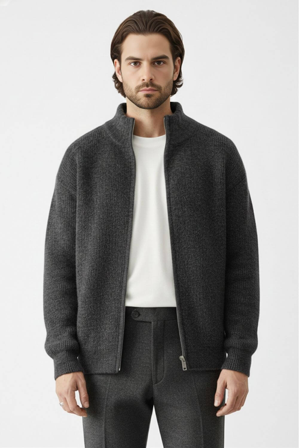 Full-zip stand collar knit jumper for men | Caurelle