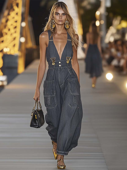Loose V-neck suspender denim jumpsuit Chic for Women | Mireya