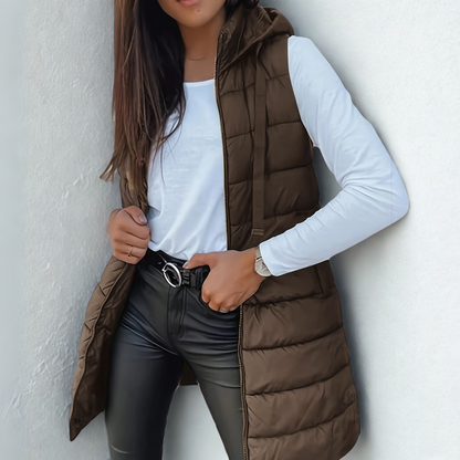 Sleeveless hooded long puffer vest for women | Rain