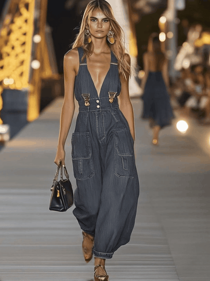 Loose V-neck suspender denim jumpsuit Chic for Women | Mireya
