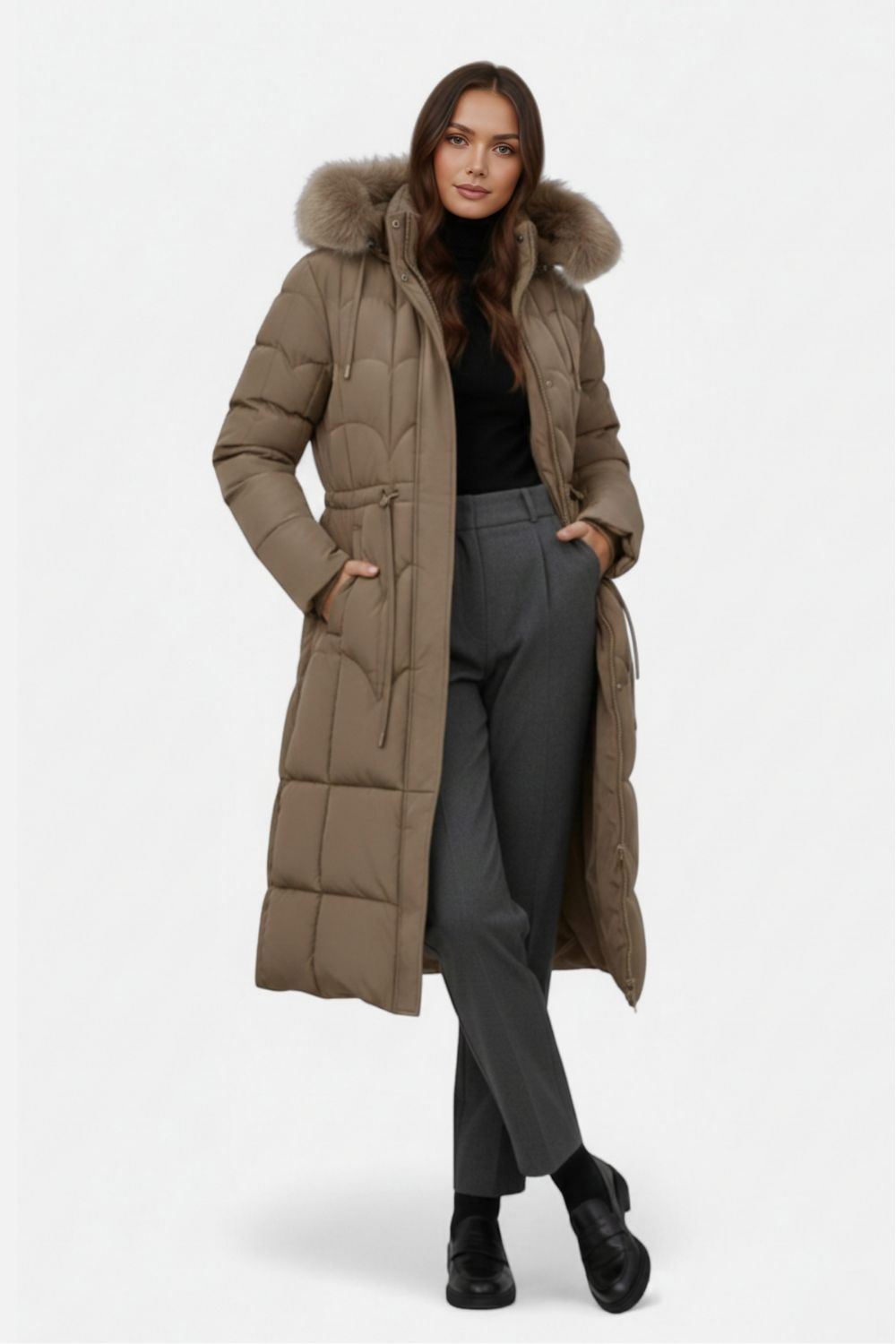 Long hooded puffer coat with drawstring waist for women | Caurelle