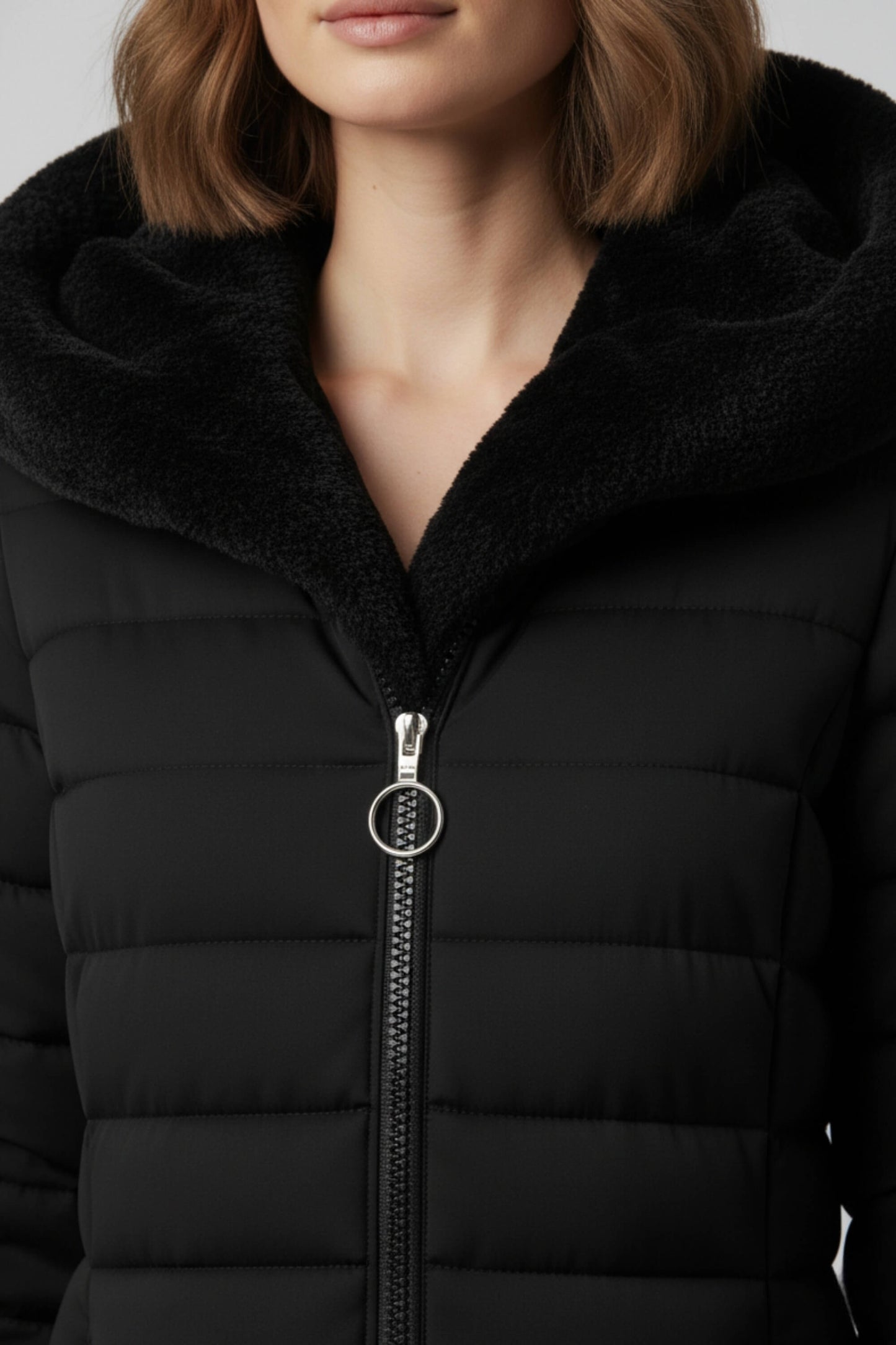 Long quilted puffer coat with high collar for women | Caurelle
