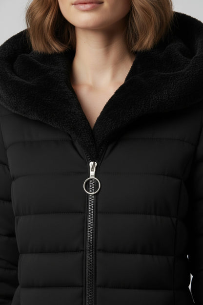 Long quilted puffer coat with high collar for women | Caurelle