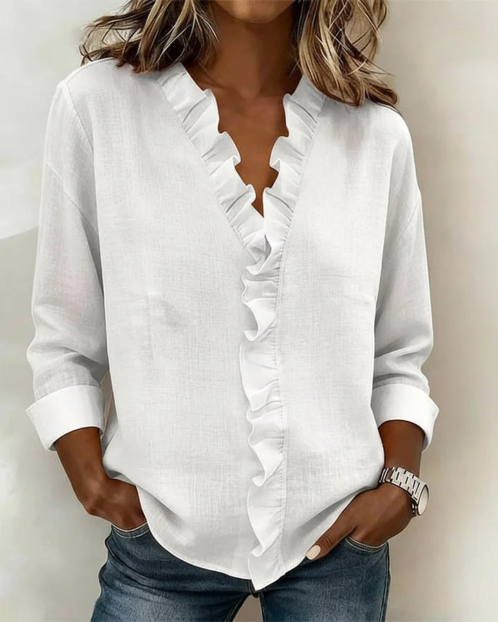 Ruffle V-Neck Long Sleeve Blouse for Women | Indie