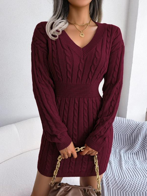 Cable knit V-neck long sleeve sweater dress for women | Holly