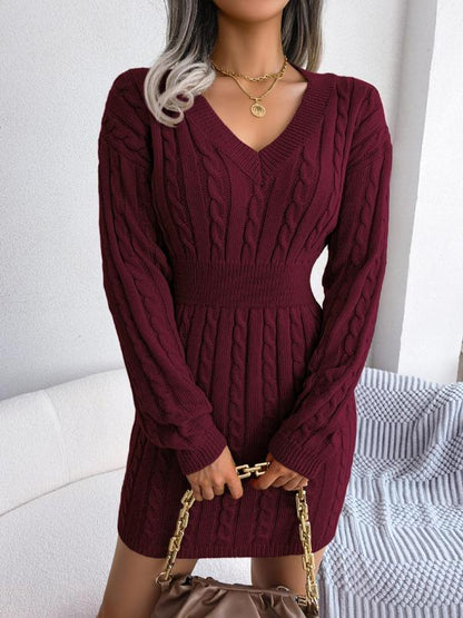 Cable knit V-neck long sleeve sweater dress for women | Holly