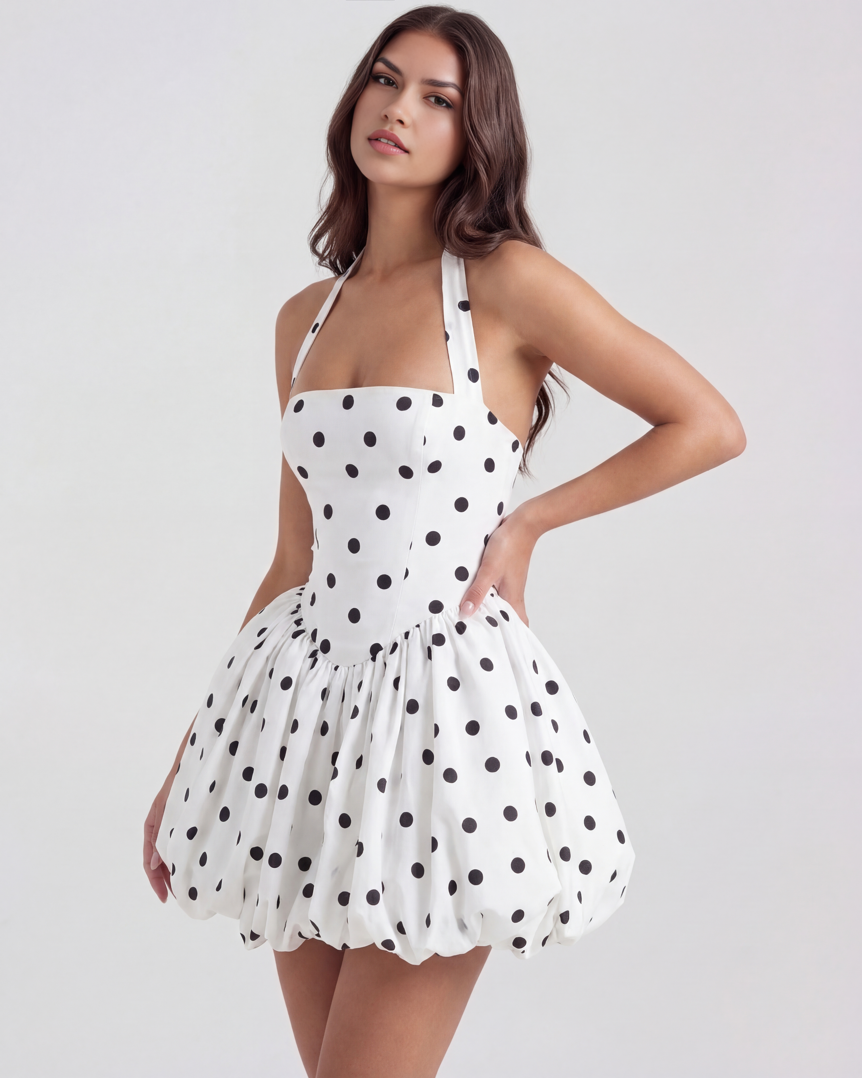 Polka dot halter puffball mini dress for women | Giulia