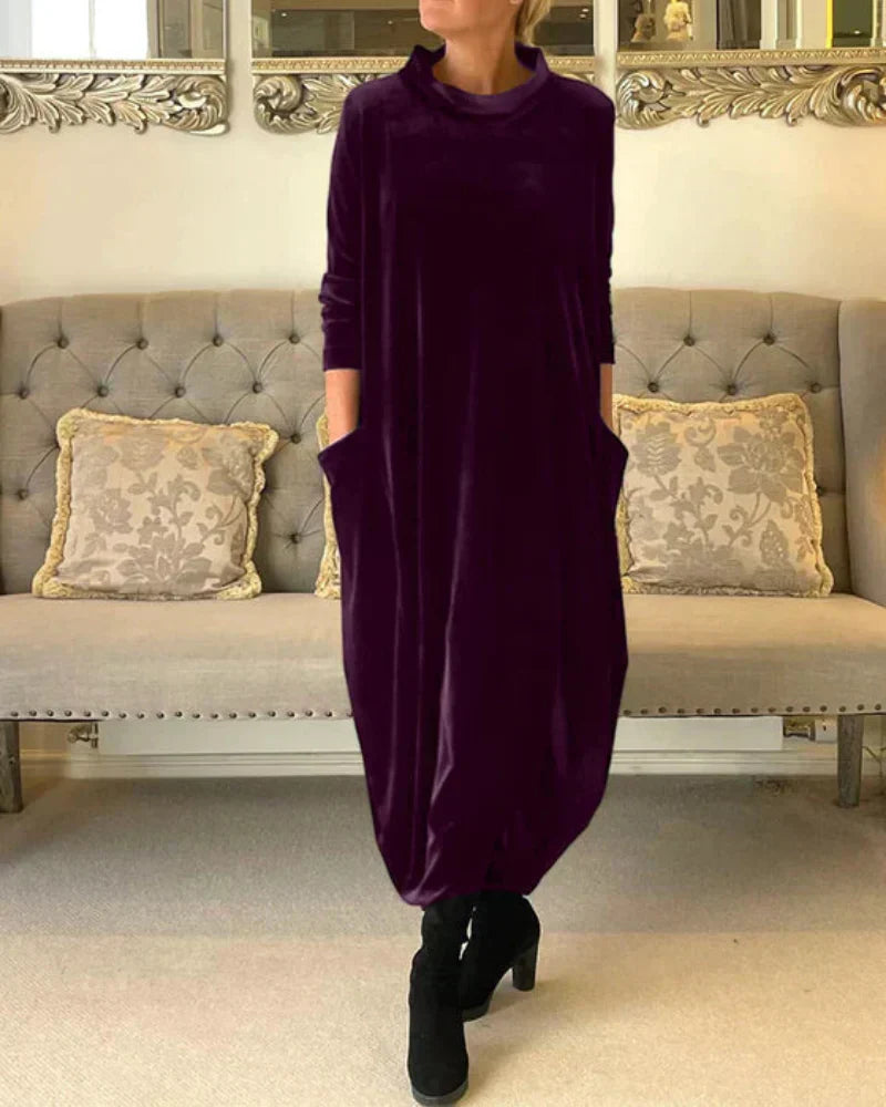Velvety winter midi dress with pockets for women | Etta -2