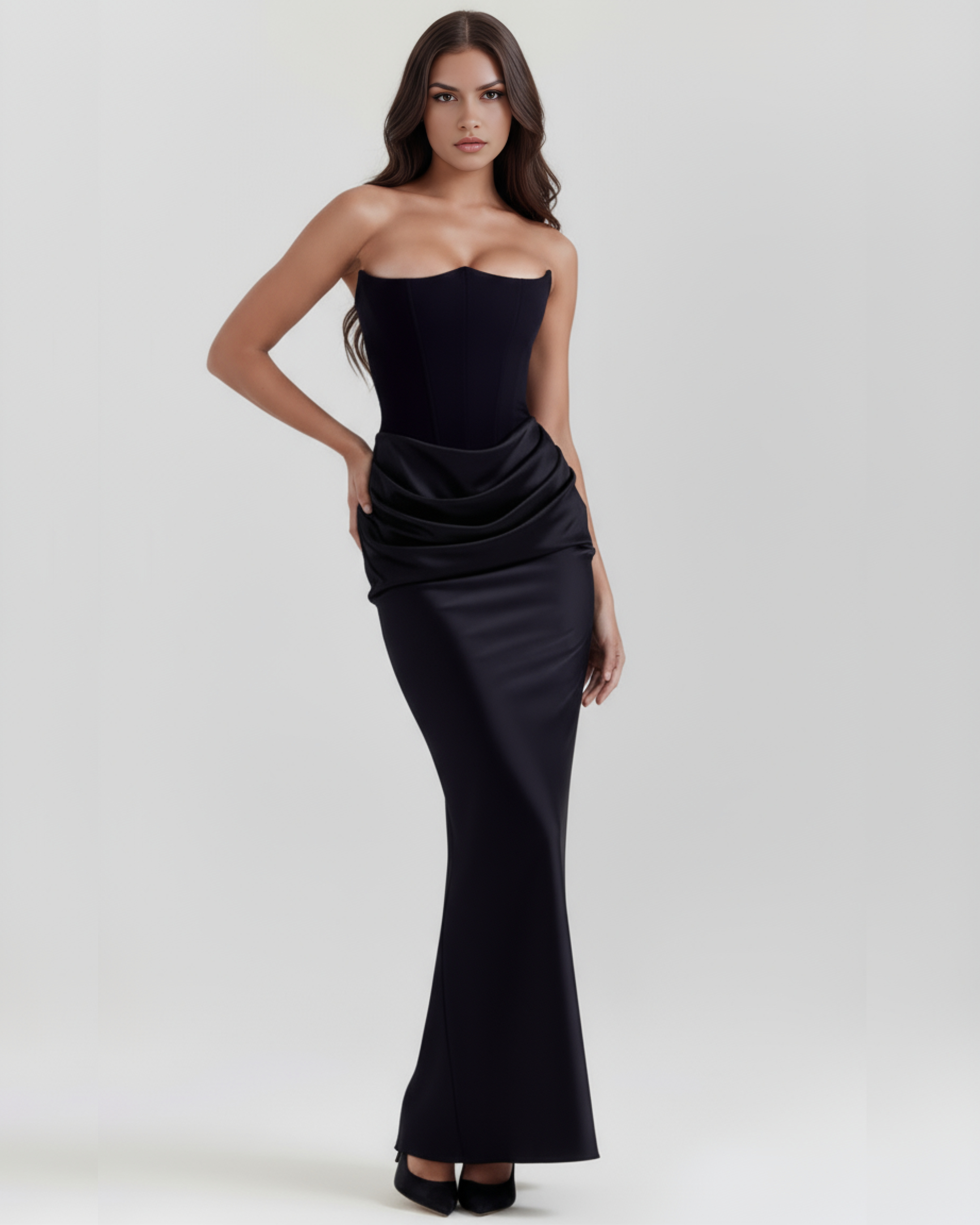 Sculpted corset strapless maxi dress for women | Rosalind