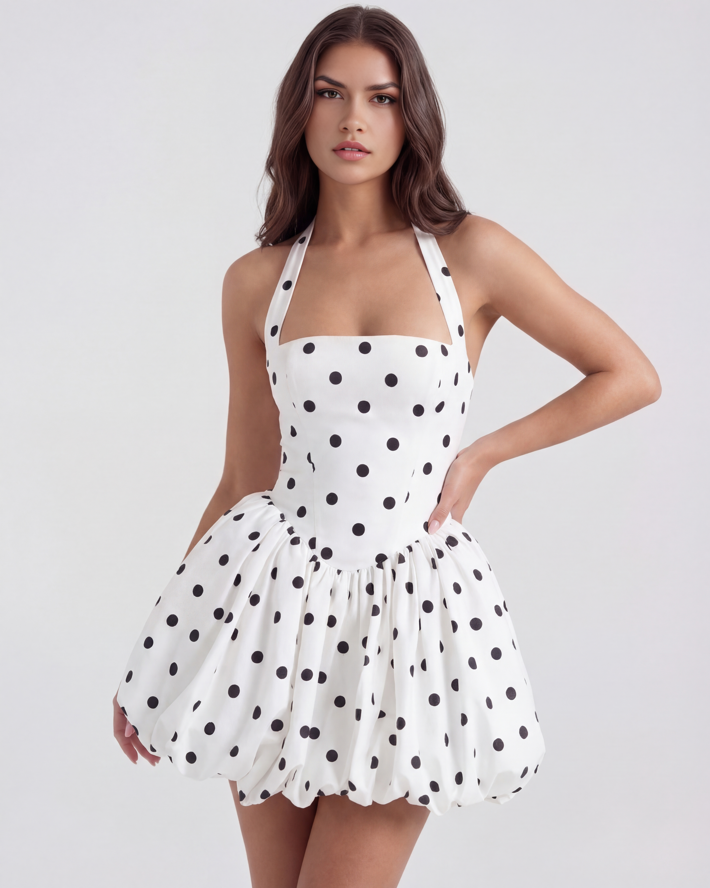 Polka dot halter puffball mini dress for women | Giulia
